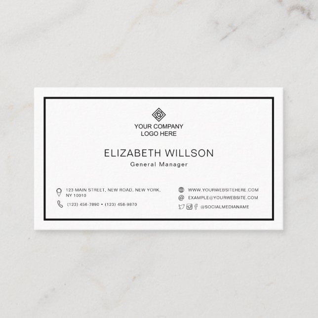Carte De Visite Logo d'entreprise à cadre noir et blanc minimal Co (Devant)
