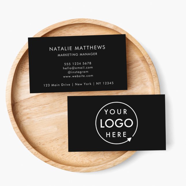 Carte De Visite Logo d'entreprise | Noir Minimaliste Professionnel (Create a professional look with this simple horizontal black business card design with your logo.)