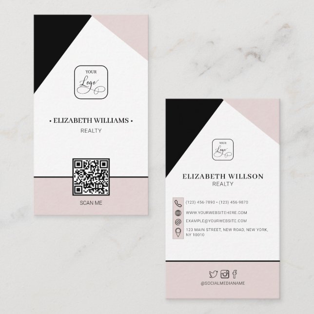 Carte De Visite Logo d'entreprise personnalisé noir et rose roux e (Devant / Derrière)