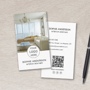 Carte De Visite Logo Designer d'intérieur Photo QR Social Media Bl