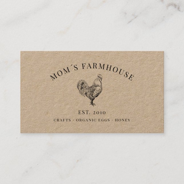 Carte De Visite Logo d'esquisse de coq rustique sur papier brun (Devant)
