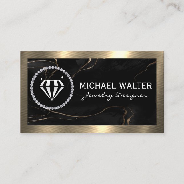 Carte De Visite Logo Diamond | Marbre noir | Métallique d'or (Devant)