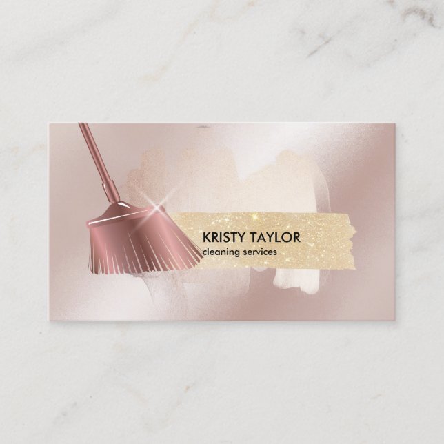 Carte De Visite logo du balai de nettoyage moderne or rose (Devant)