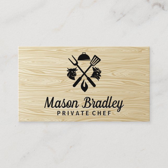 Carte De Visite Logo du barbecue | Poulet | Boeuf | Grain de bois (Devant)