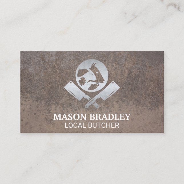Carte De Visite Logo du boucher métallique | Grunge Arrière - plan (Devant)