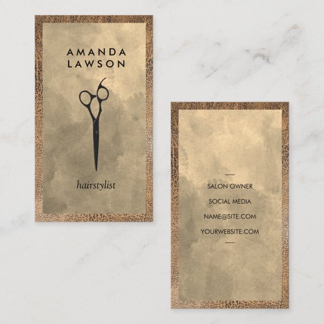 Carte De Visite Logo du ciseau de salon | Aquarelle et cuir (Devant / Derrière)