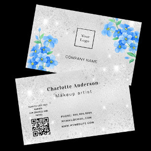 Carte De Visite Logo du code QR bleu parties scintillant argentée