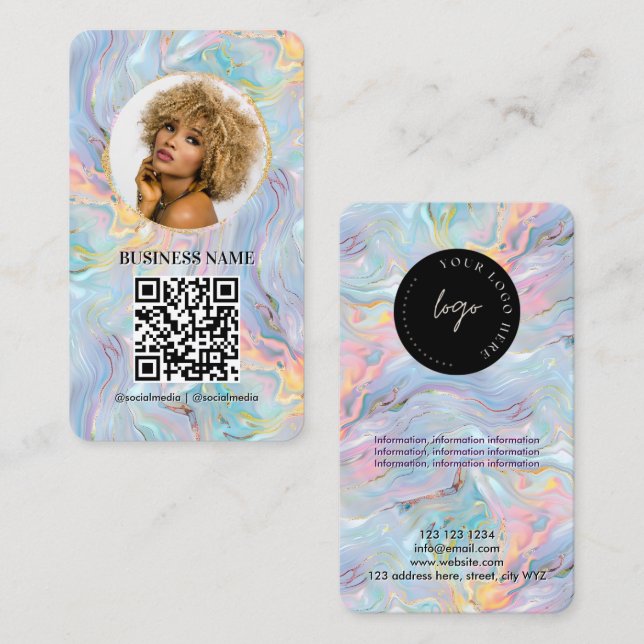 Carte De Visite Logo du code QR de Fille en marbre holographique (Devant / Derrière)
