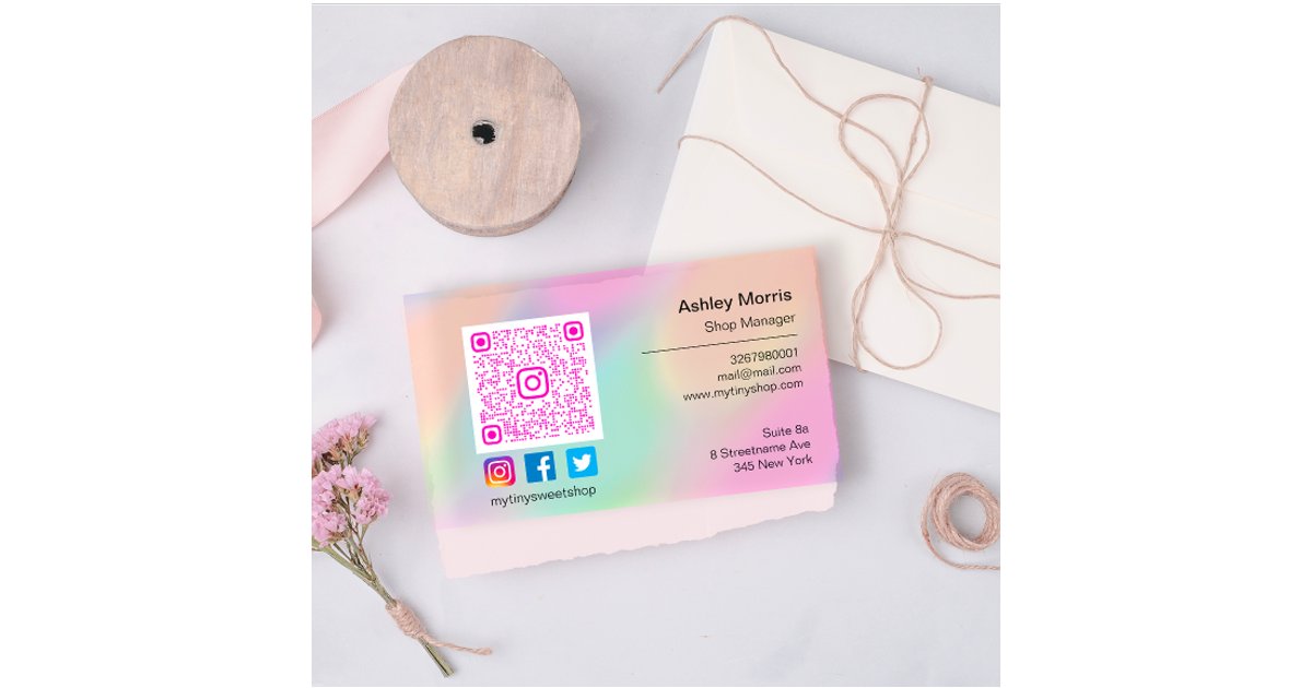 Carte De Visite Logo du code QR rose Réseaux sociaux Pastels en li ...