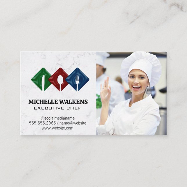 Carte De Visite Logo du diner | Chef femme en cuisine (Devant)