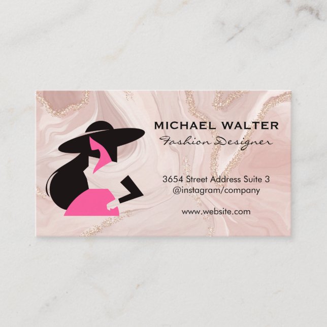 Carte De Visite Logo du modèle de mode | Marbre rose or (Devant)