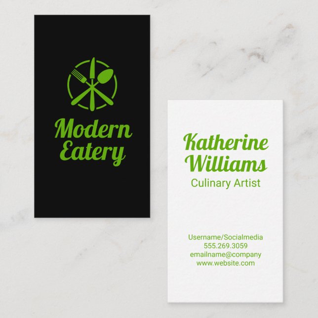 Carte De Visite Logo du restaurant moderne Green Silverware (Devant / Derrière)