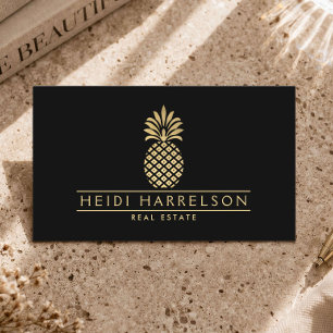 Carte De Visite Logo élégant d'ananas doré sur fond noir