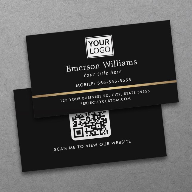 Carte De Visite Logo élégant QR code golden gradient diviseur noir (Professional, black, elegant business cards with a golden gradient border, logo and QR code)