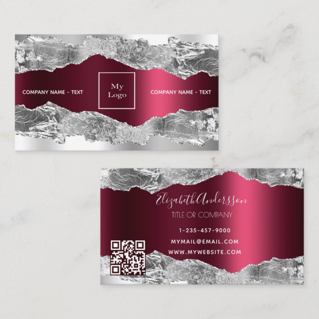 Carte De Visite Logo en marbre argenté bordeaux (Devant / Derrière)