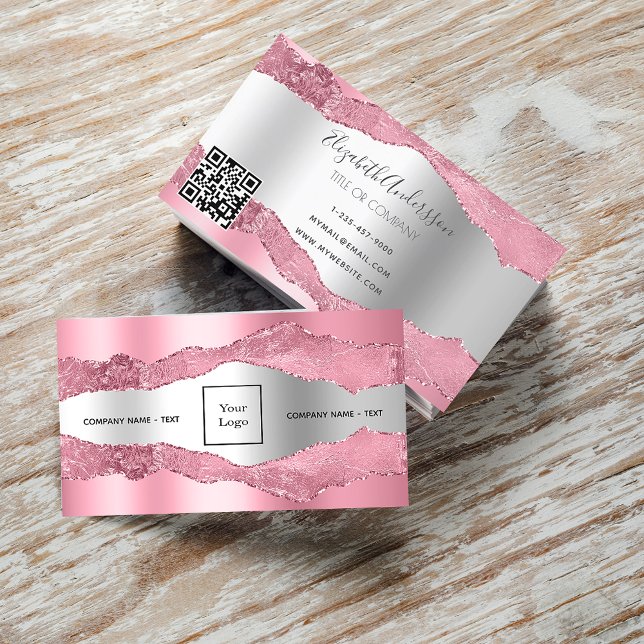 Carte De Visite Logo en marbre blanc rose argenté noir code QR (Créateur téléchargé)