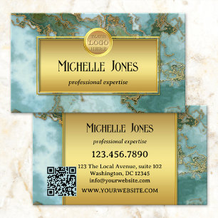 Carte De Visite Logo en marbre doré Code QR Abstrait