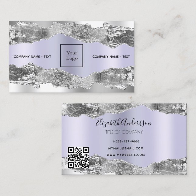 Carte De Visite Logo en marbre violet argenté en argent Code QR (Devant / Derrière)