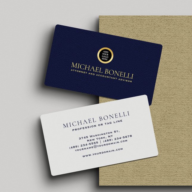 Carte De Visite Logo en or rond professionnel en cuir de la marine (Créateur téléchargé)