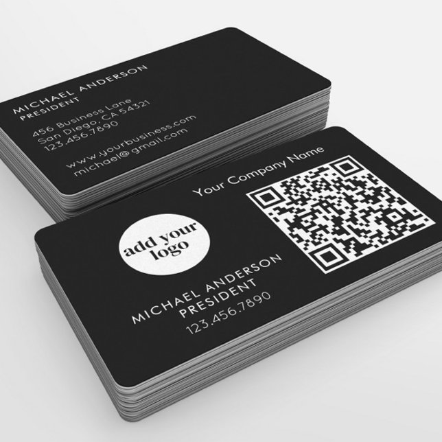 Carte De Visite Logo et code QR personnalisés pour entreprise noir (Créateur téléchargé)