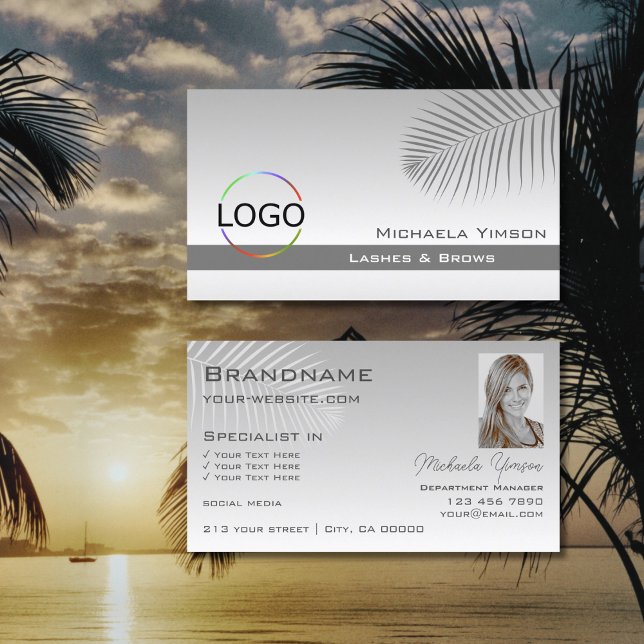 Carte De Visite Logo et photo Pastel Gray Palm Leaf (Créateur téléchargé)