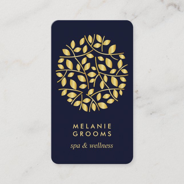 Carte De Visite Logo feuille or| Bleu | massage bien-être yoga (Devant)