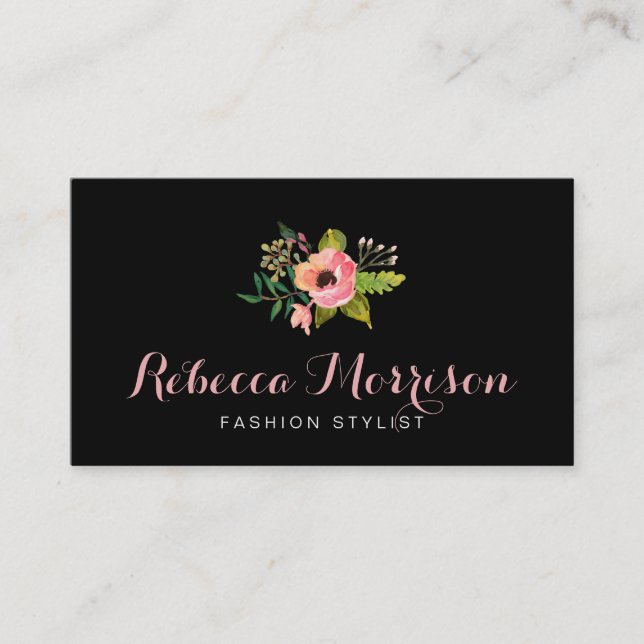 Carte De Visite Logo floral simple et élégant en noir blanc (Devant)