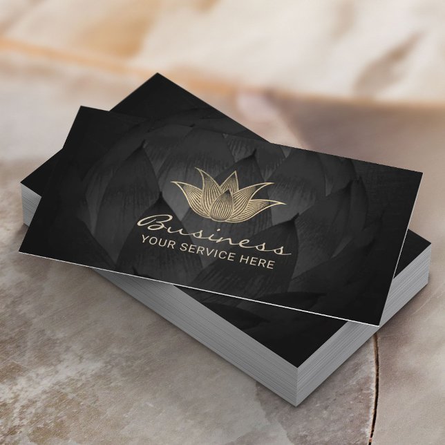 Carte De Visite Logo Gold Lotus Élégant Spa de Yoga Floral Noir (Créateur téléchargé)