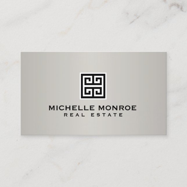 Carte De Visite Logo immobilier à clé grecque élégant Noir/gris (Devant)