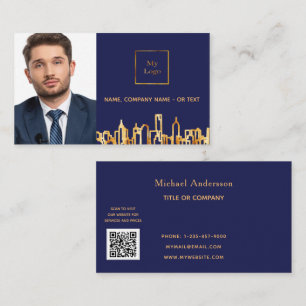 Carte De Visite logo immobilier bleu marine ville skyline QR