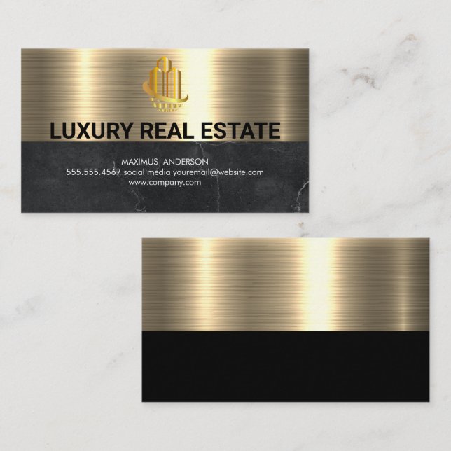 Carte De Visite Logo immobilier | Marbre noir métal or (Devant / Derrière)