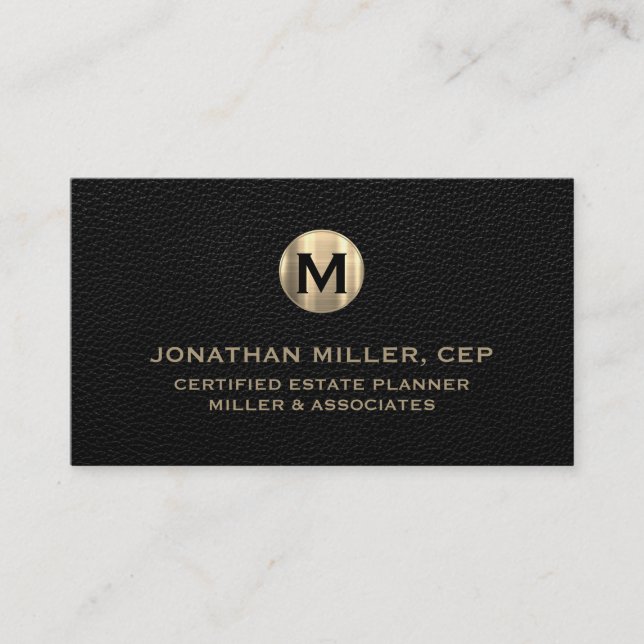 Carte De Visite Logo initial de luxe en cuir noir (Devant)