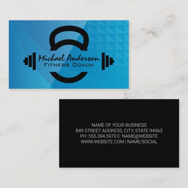 Carte De Visite Logo Kettle Bell Dumbbells | Géométrique bleue (Devant / Derrière)