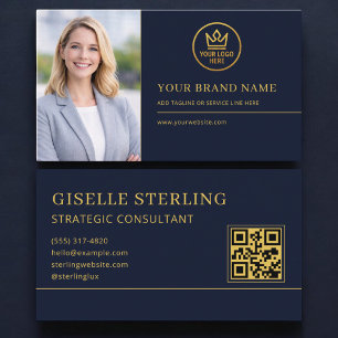 Carte De Visite Logo Luxueux Bleu Or Code QR Photo