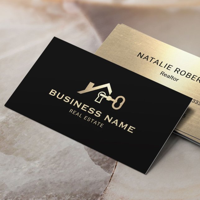 Carte De Visite Logo Maison & Clé Immobilier Realtor Noir & Or (Créateur téléchargé)