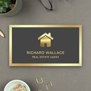 Carte De Visite Logo Maison Feuille d'Or Grise Agent Immobilier