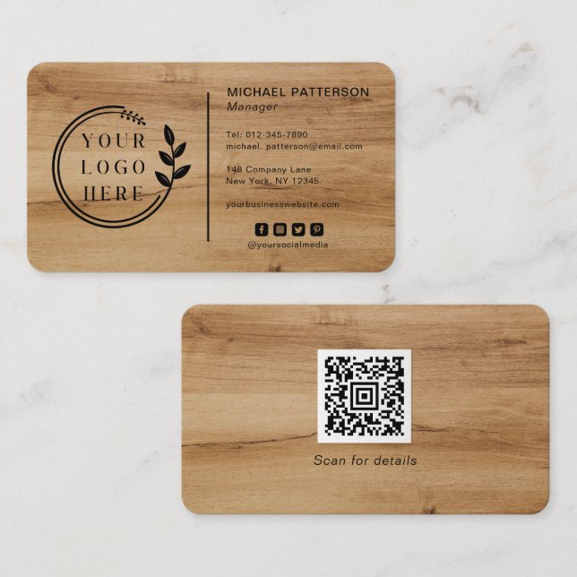Carte De Visite Logo Médias sociaux QR Code Carpentry Wood Modern (Devant / Derrière)