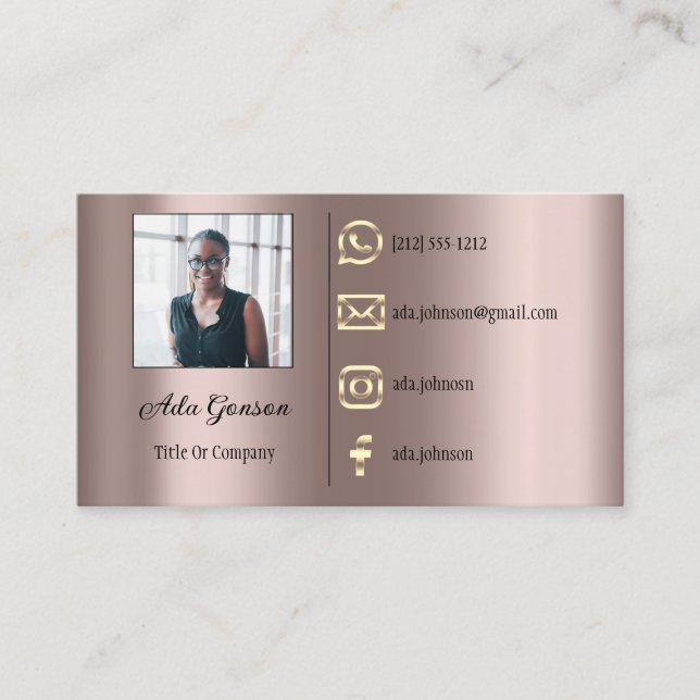 Carte De Visite Logo Médias sociaux QR Code Photo Metallic Rosé (Devant)