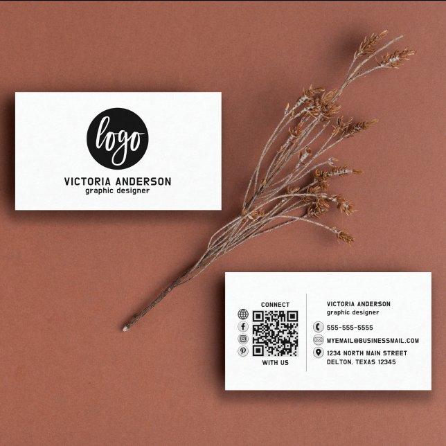 Carte De Visite Logo minimaliste moderne noir et blanc Code QR (Créateur téléchargé)