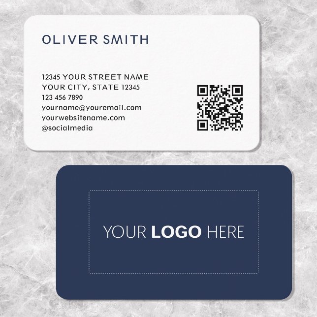 Carte De Visite Logo minimaliste moderne QR Code Bleu profond (Créateur téléchargé)