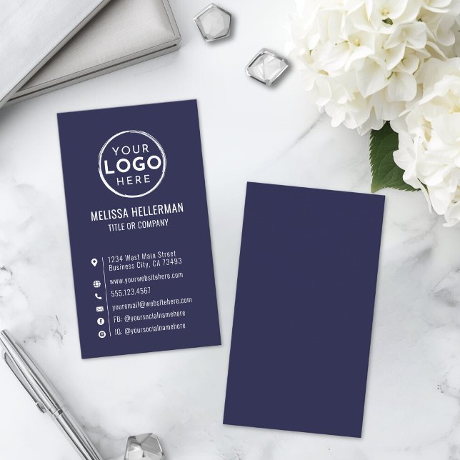 Carte De Visite Logo Minimaliste Vertical Moderne Bleu Marine (Navy Blue Logo Minimal Modern Vertical Business Card )