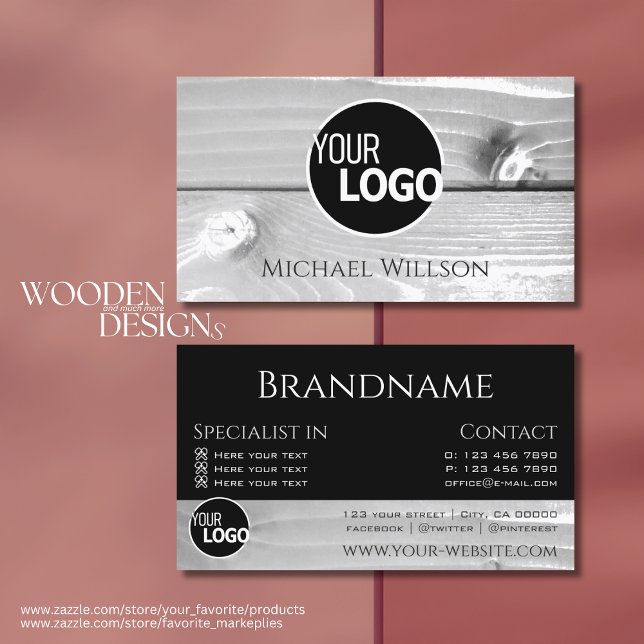 Carte De Visite Logo moderne Black White Wood Grain Bois Bois Bois (Créateur téléchargé)