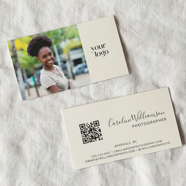 Carte De Visite Logo moderne Boho QR Code photo noir et blanc (Créateur téléchargé)