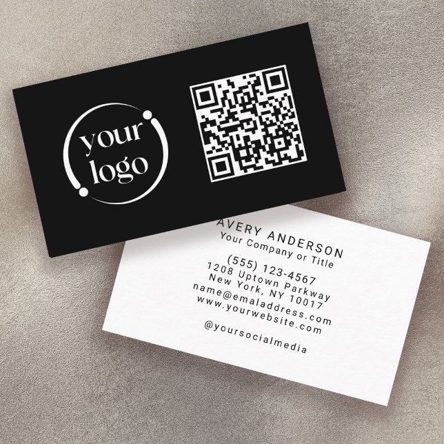 Carte De Visite Logo moderne simple et code QR sur noir (Créateur téléchargé)