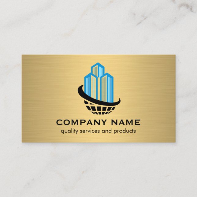 Carte De Visite Logo mondial des bâtiments commerciaux | Or métall (Devant)