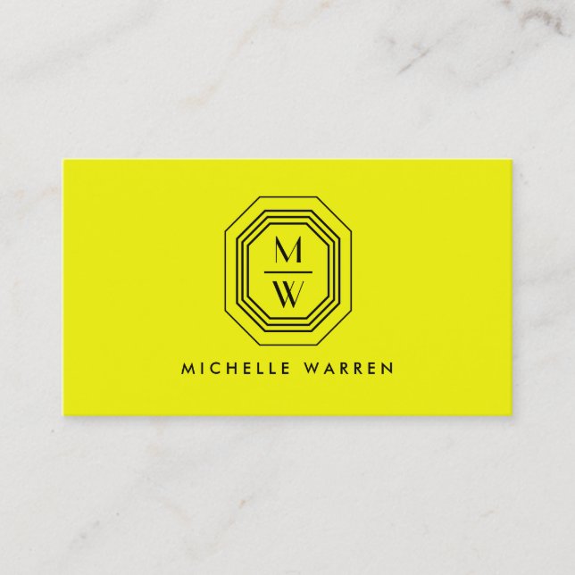 Carte De Visite Logo Monogramme Art déco empilé sur néon jaune (Devant)