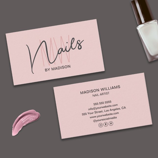 Carte De Visite Logo Monogramme moderne Artiste ongle rose (Modern Monogram Logo Blush Pink Nail Artist Business Card)