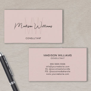 Carte De Visite Logo Monogramme Moderne Nom Rose Pâle Consultant