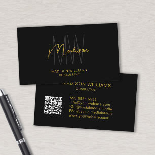 Carte De Visite Logo Monogramme moderne QR Code Black Gold Consult