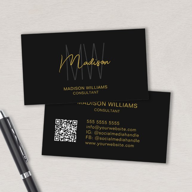 Carte De Visite Logo Monogramme moderne QR Code Black Gold Consult (Modern Monogram Logo QR Code Black Gold Consultant Business Card)